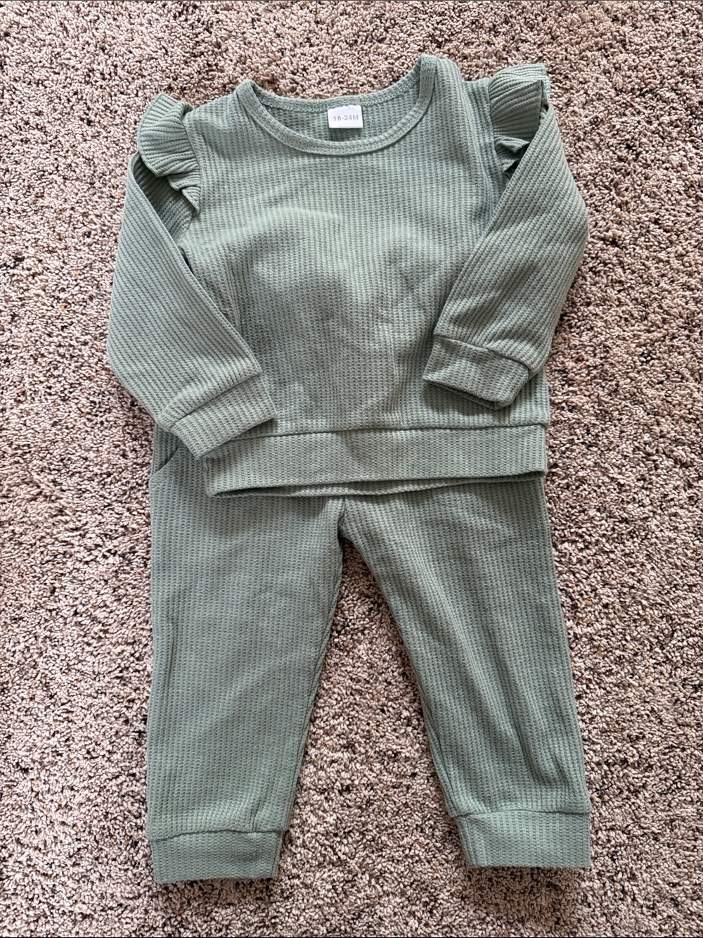 Kids Olive Green Waffle Two-Piece Pajama Set